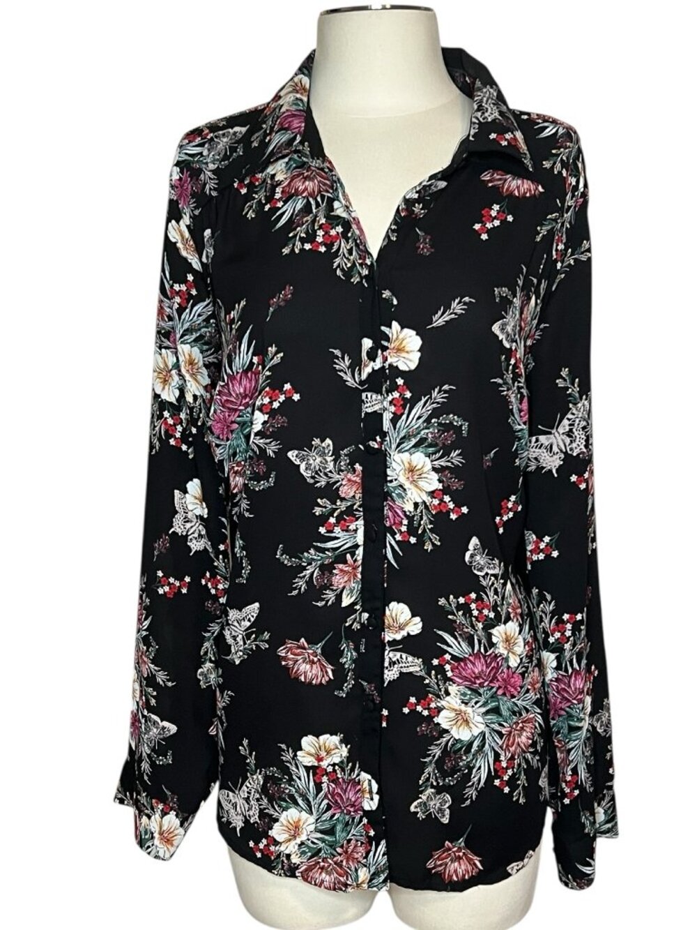 Torrid black multicolor floral print long sleeve button front blouse  2 (18/20)